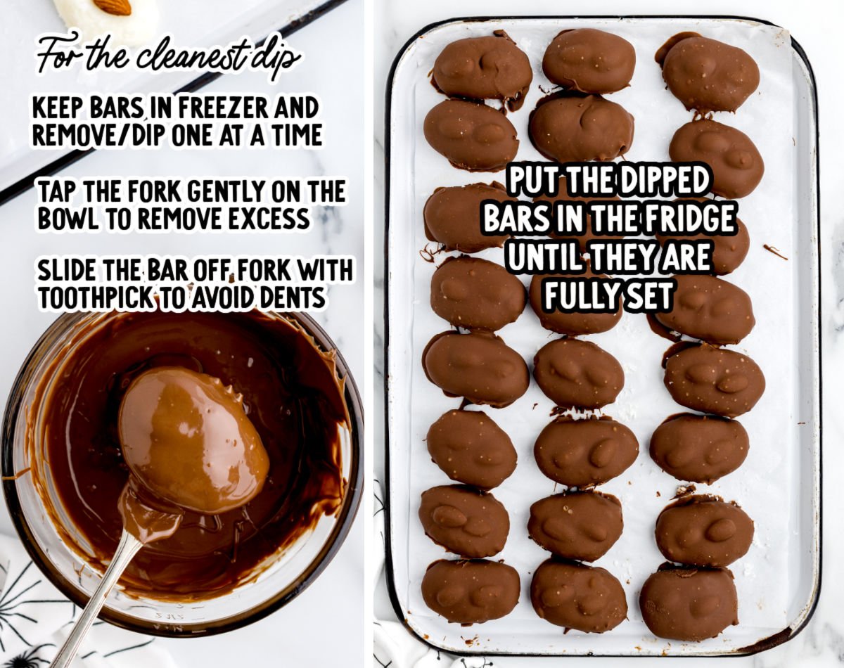 A bowl of melted chocolate with a bar being dipped, next to a baking sheet lined with freshly coated Almond Joy bars, shown with text tips for achieving a clean chocolate dip.