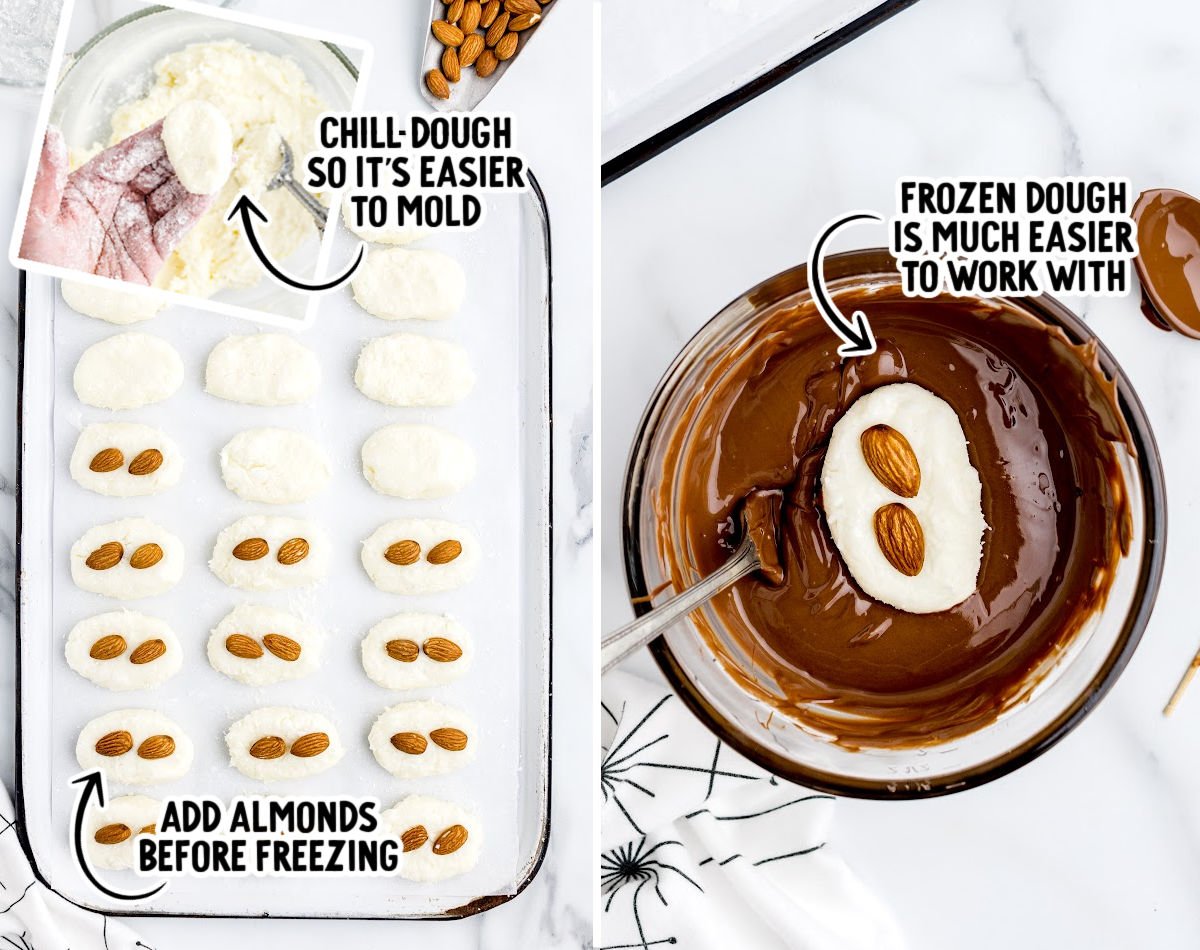 Process photos showing chilled coconut filling being shaped into ovals, topped with whole almonds before freezing, and a frozen bar being dipped into melted chocolate.