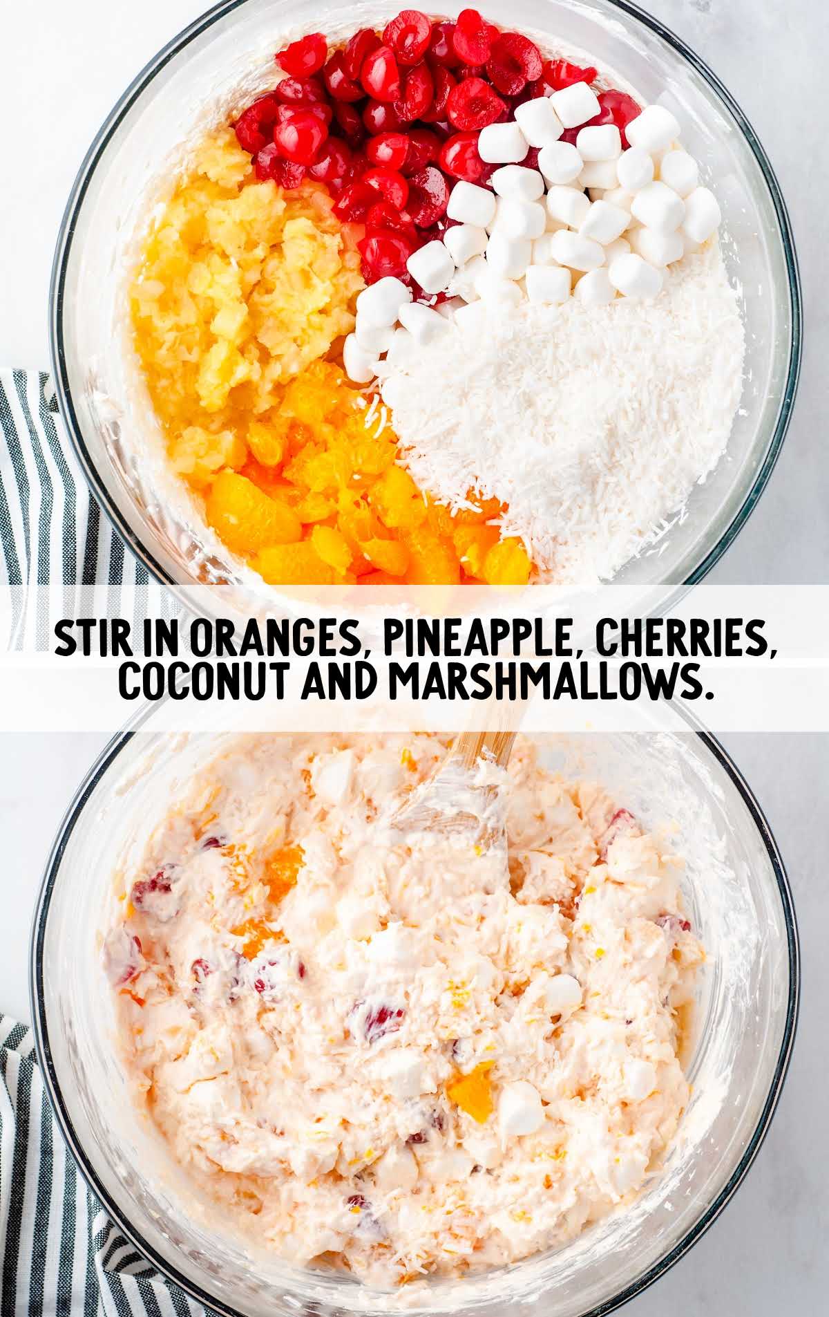 oranges, pineapple, cherries, coconut, and marshmallows stirred in a bowl