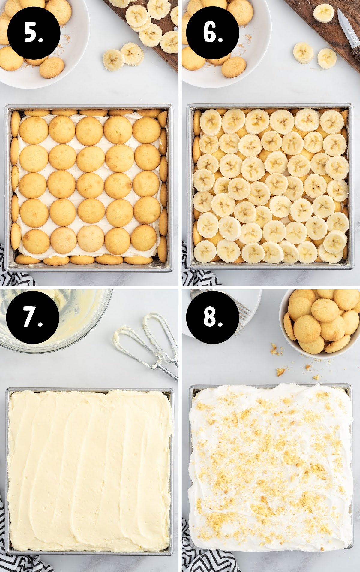 Step-by-step image showing how to finish layering Banana Delight dessert:
5. Second layer of vanilla wafer cookies placed over cream layer.
6. Sliced bananas added on top of the cookie layer.
7. Creamy pudding layer spread smoothly across bananas and cookies.
8. Dessert topped with whipped topping and crushed cookie crumbs for garnish.