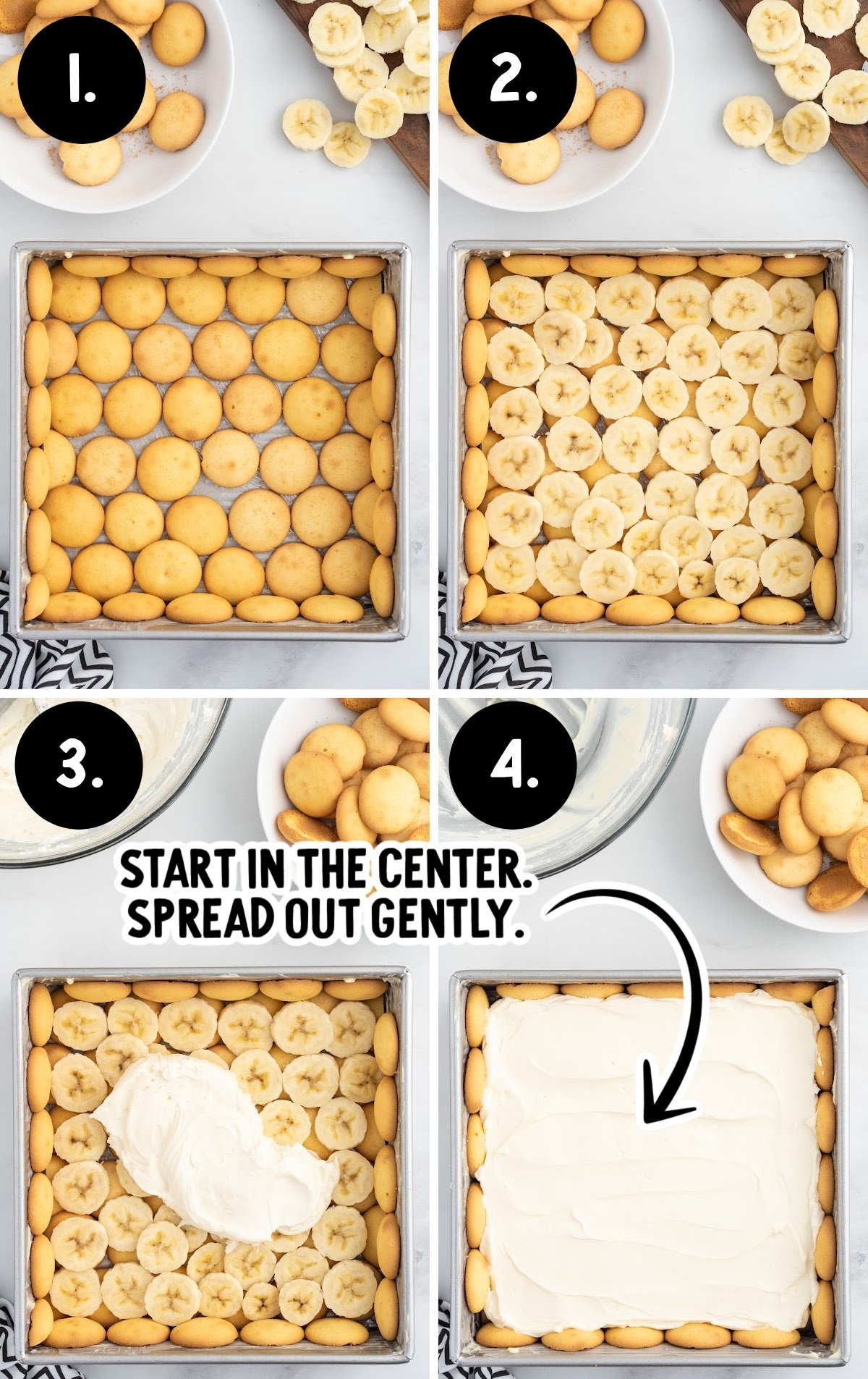 Step-by-step process photo showing how to make layered Banana Delight dessert lasagna:
Layer of vanilla wafer cookies in a square pan.
Sliced bananas added on top of the cookies.
Creamy filling placed in the center of the banana layer.
Filling spread evenly over bananas and cookies, creating smooth dessert layers.