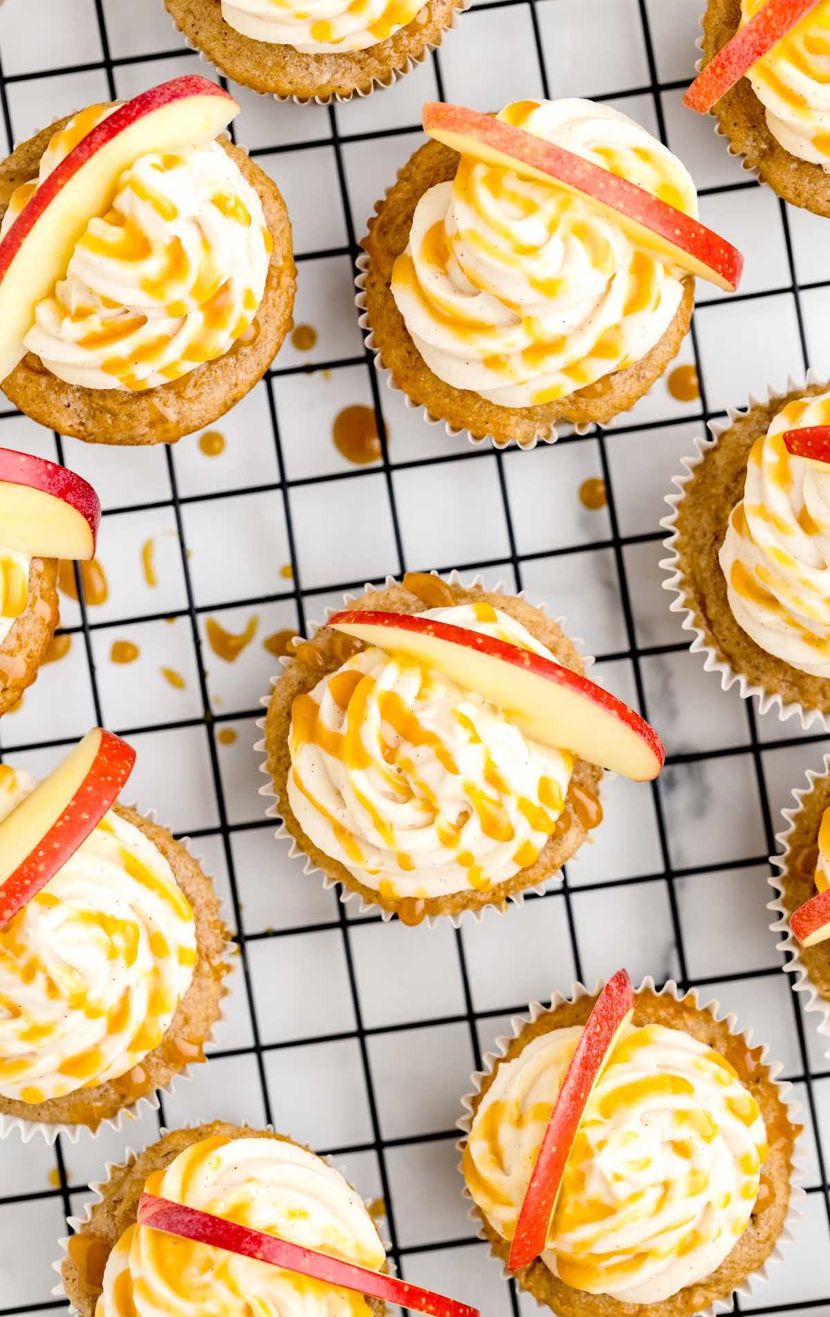 overhead shot of Caramel Apple Cupcakes on a cooling rack
