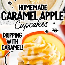 a close up shot of a Caramel Apple Cupcake with a bite taken out of it and a overhead shot of Caramel Apple Cupcake ingredients in a bowl