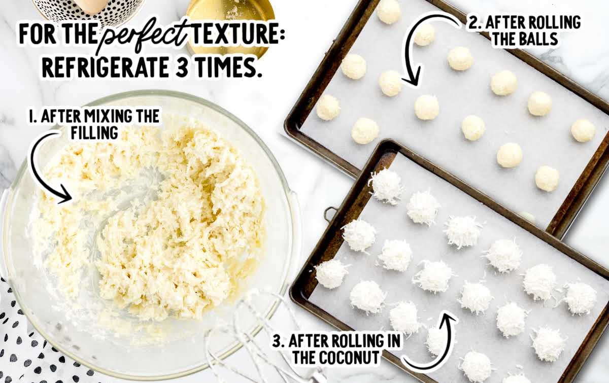 Step-by-step process of mixing, rolling, and coating coconut snowballs before chilling.