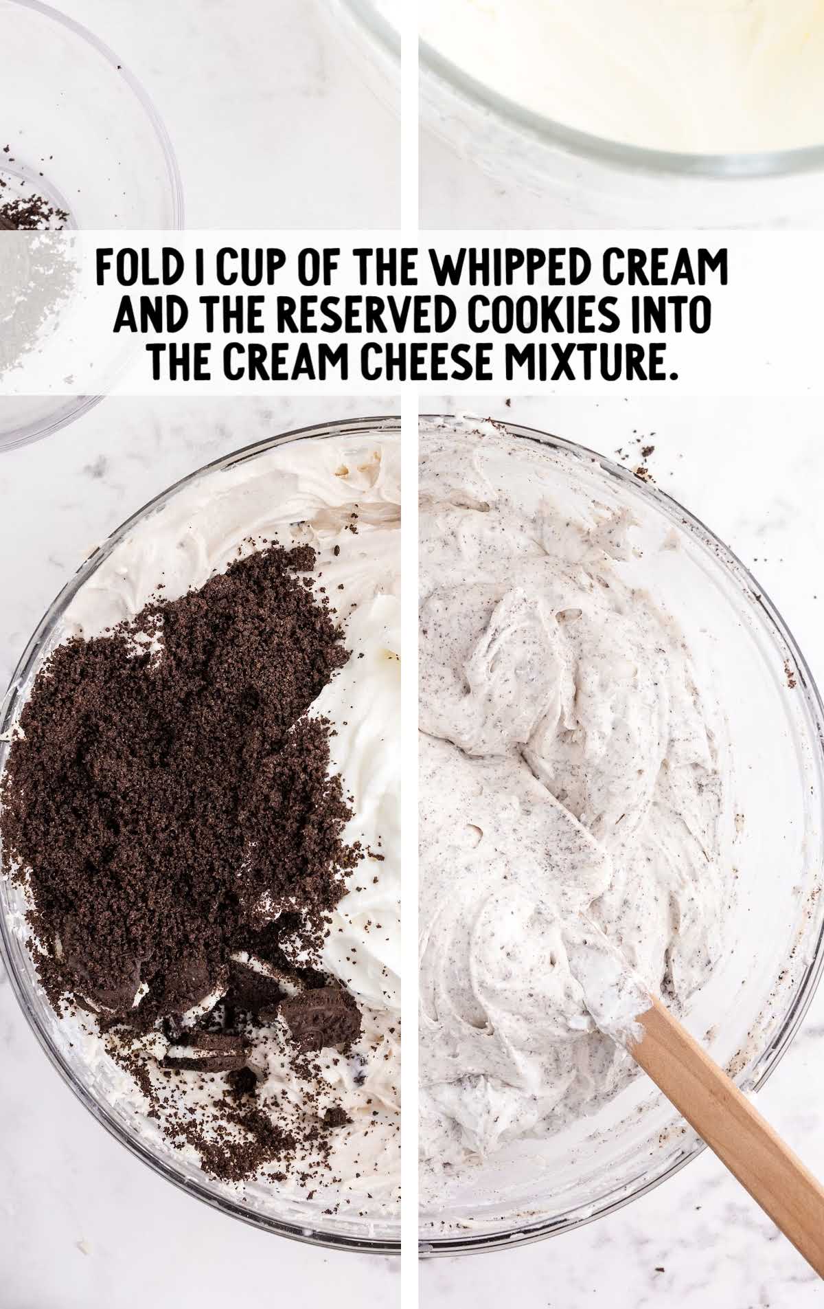 whipped cream and cookies folded into the cream cheese mixture