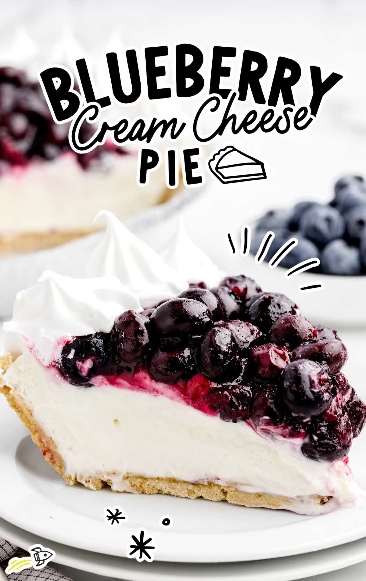 a close up shot of a slice of Blueberry Cream Cheese Pie on a plate