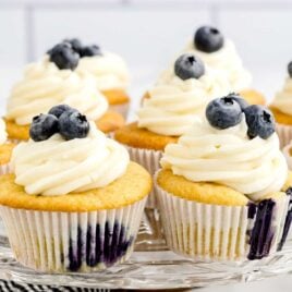 a close up shot of Blueberry Cupcakes on a tray