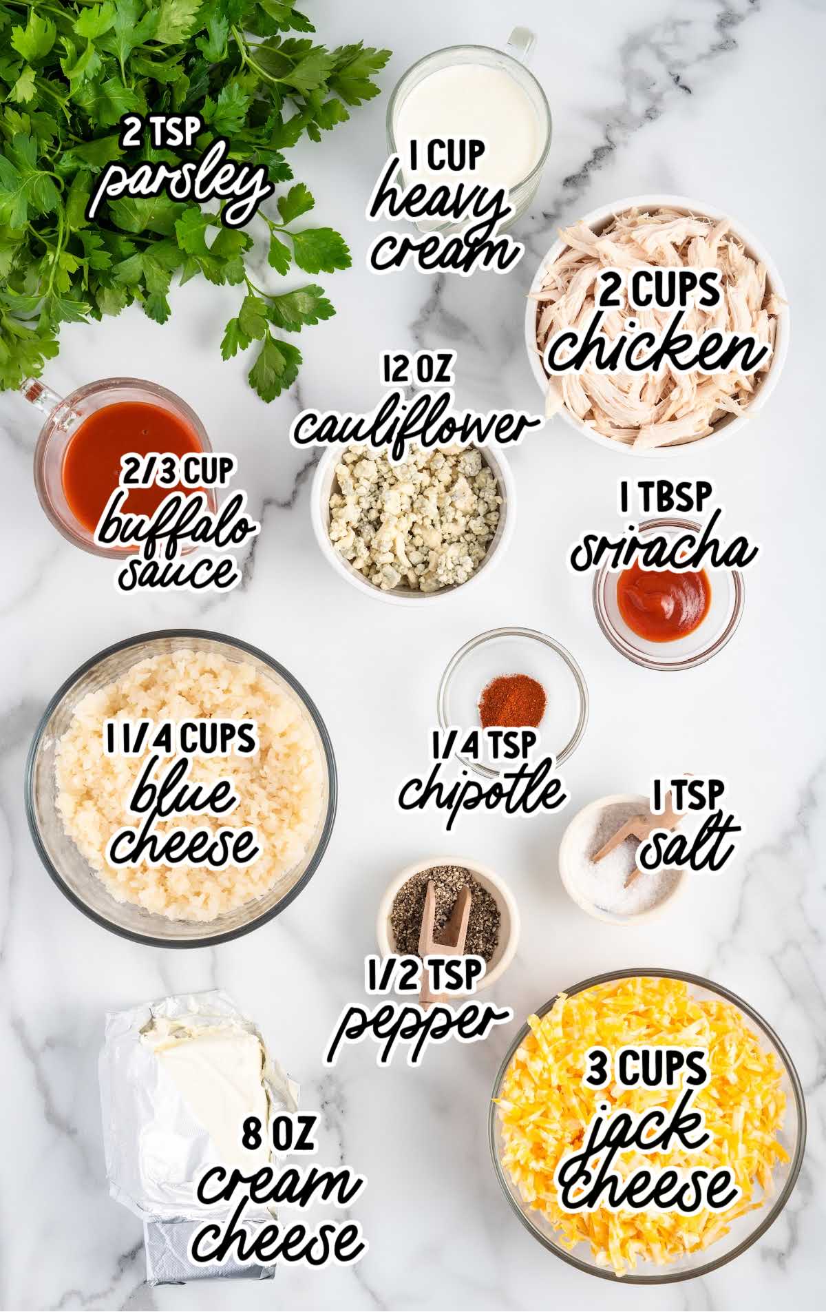 Buffalo Chicken Casserole raw ingredients that are labeled