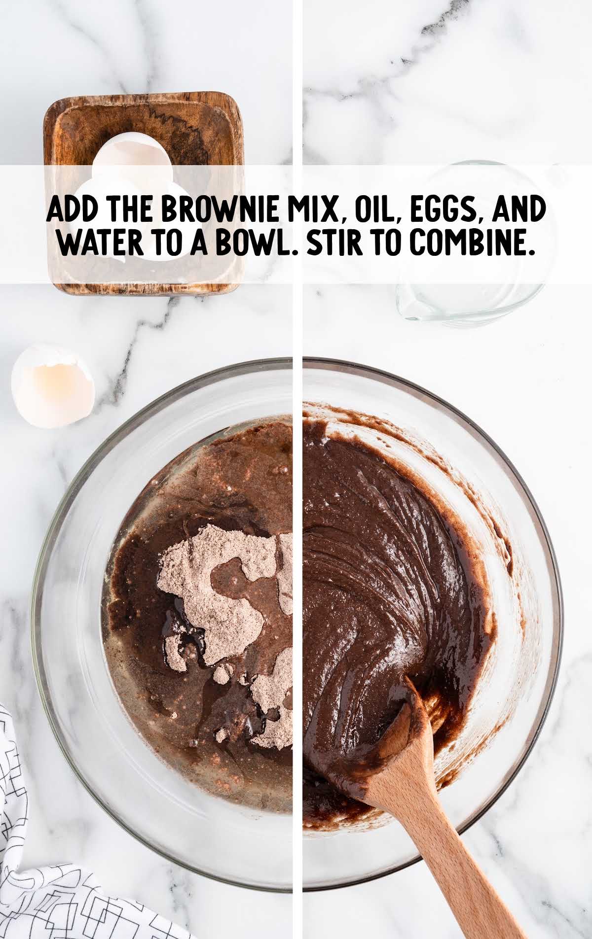 brownies mix, eggs, oil, and water added to a bowl