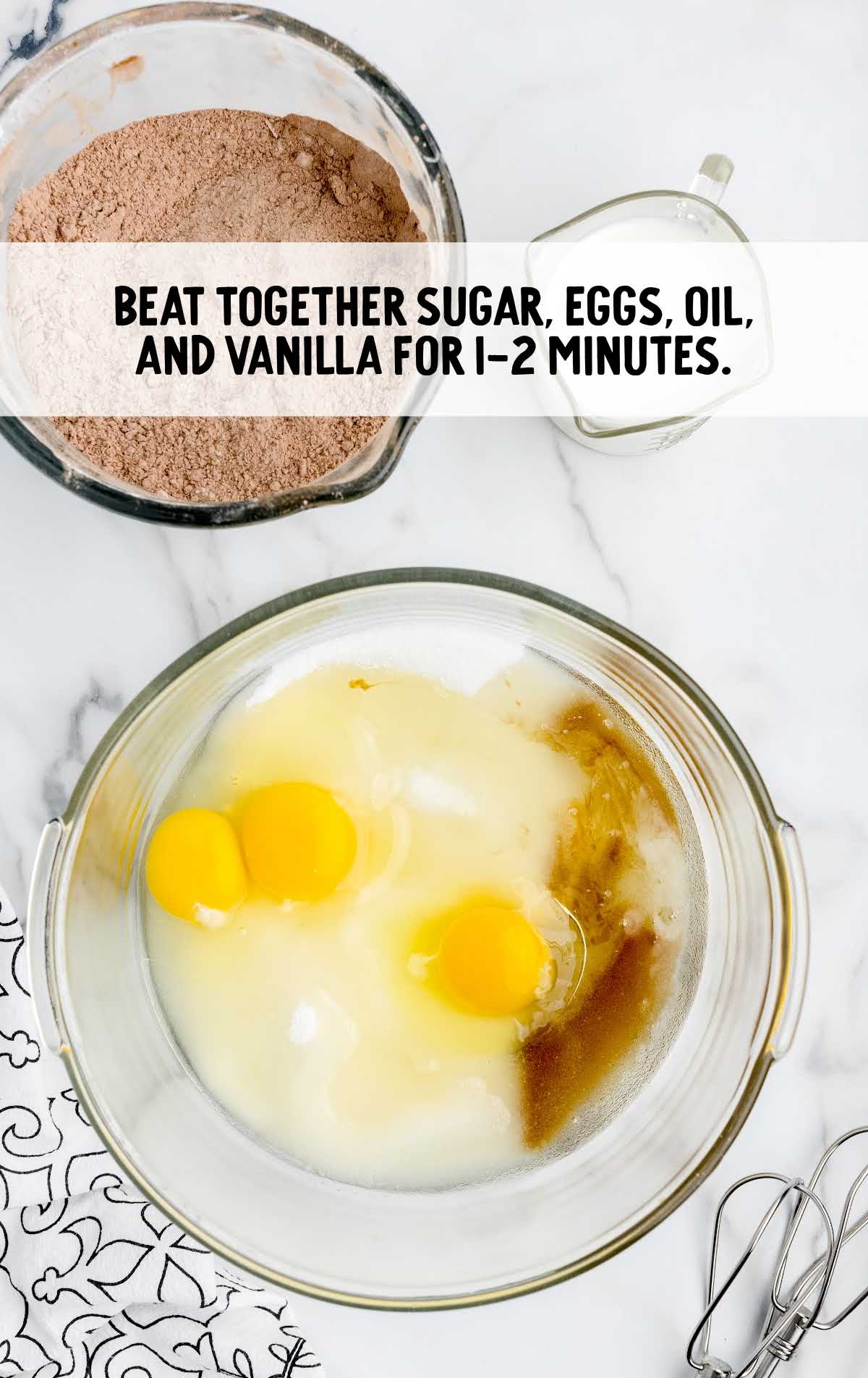 sugar, egg, oil, and vanilla combined together