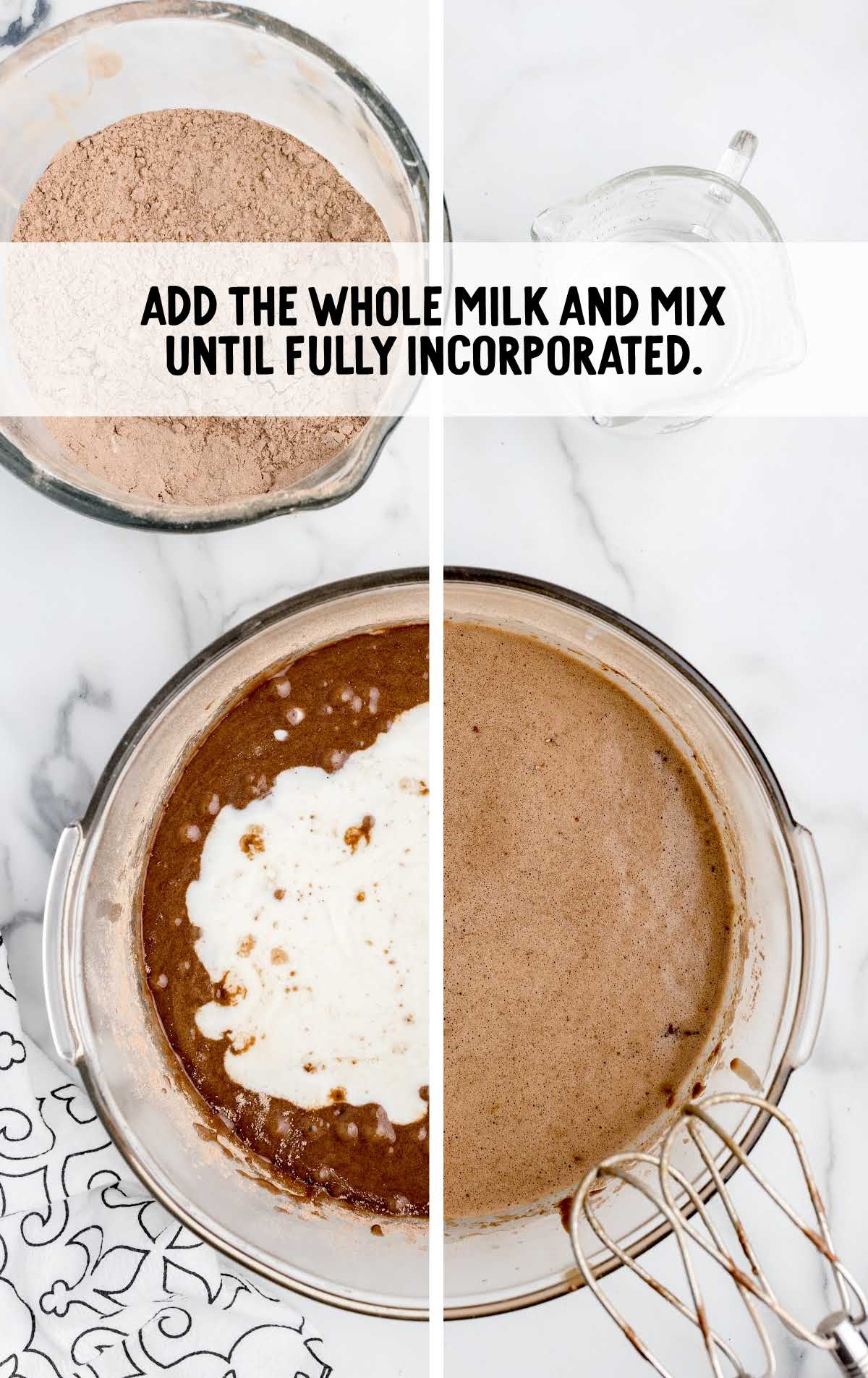 milk added to the dry ingredients and mix together