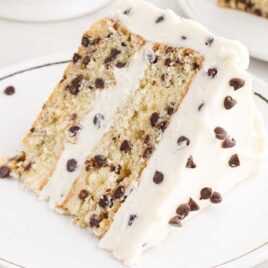 a close up shot of a slice of Chocolate Chip Cake on a plate