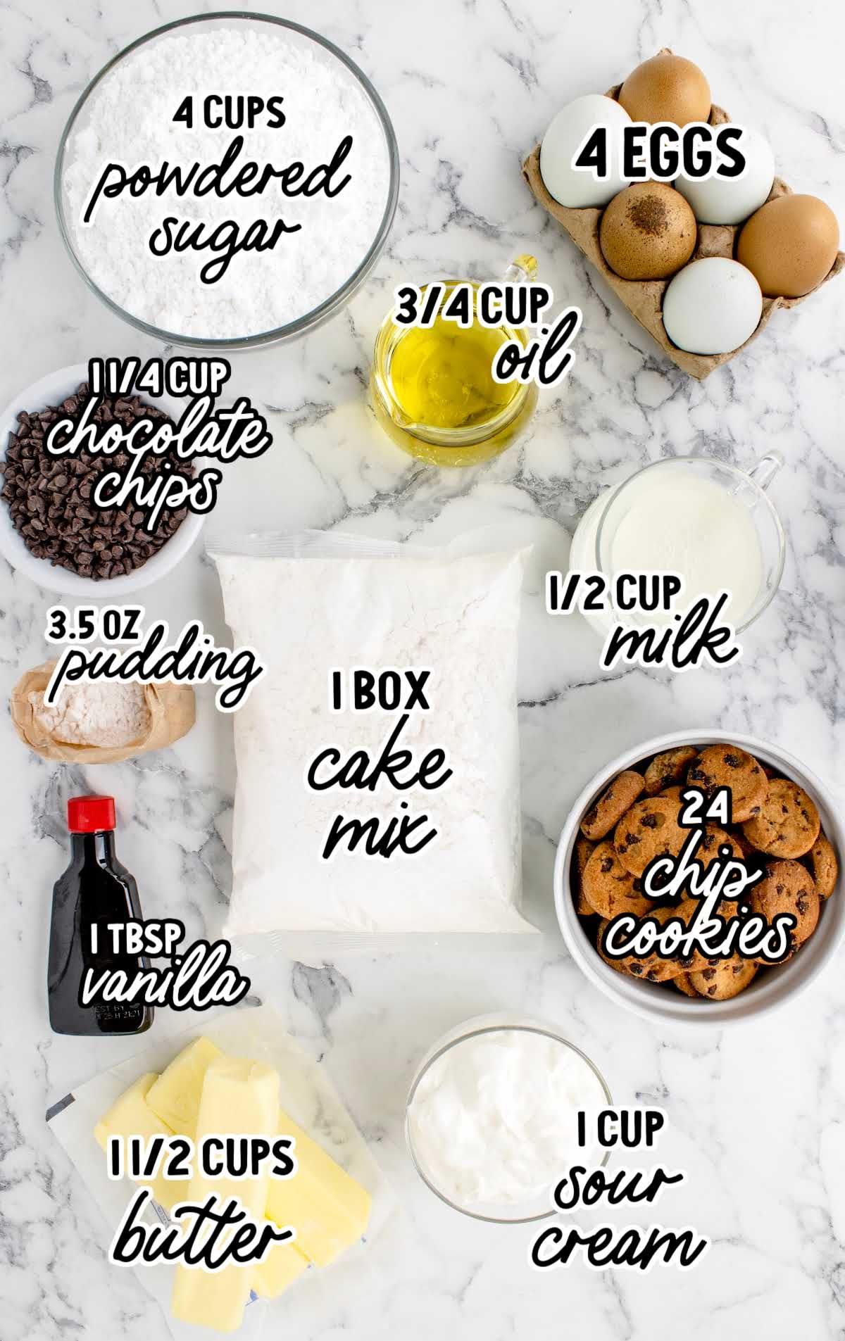 Chocolate Chip Cupcakes raw ingredients that are labeled