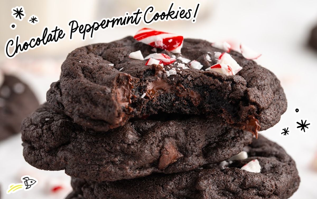 Double chocolate peppermint cookies arranged on a plate, sprinkled with crushed candy canes.