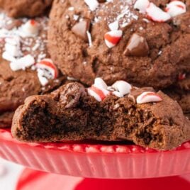 a close up shot of Chocolate Peppermint Cookies with one having a bite taken out of it