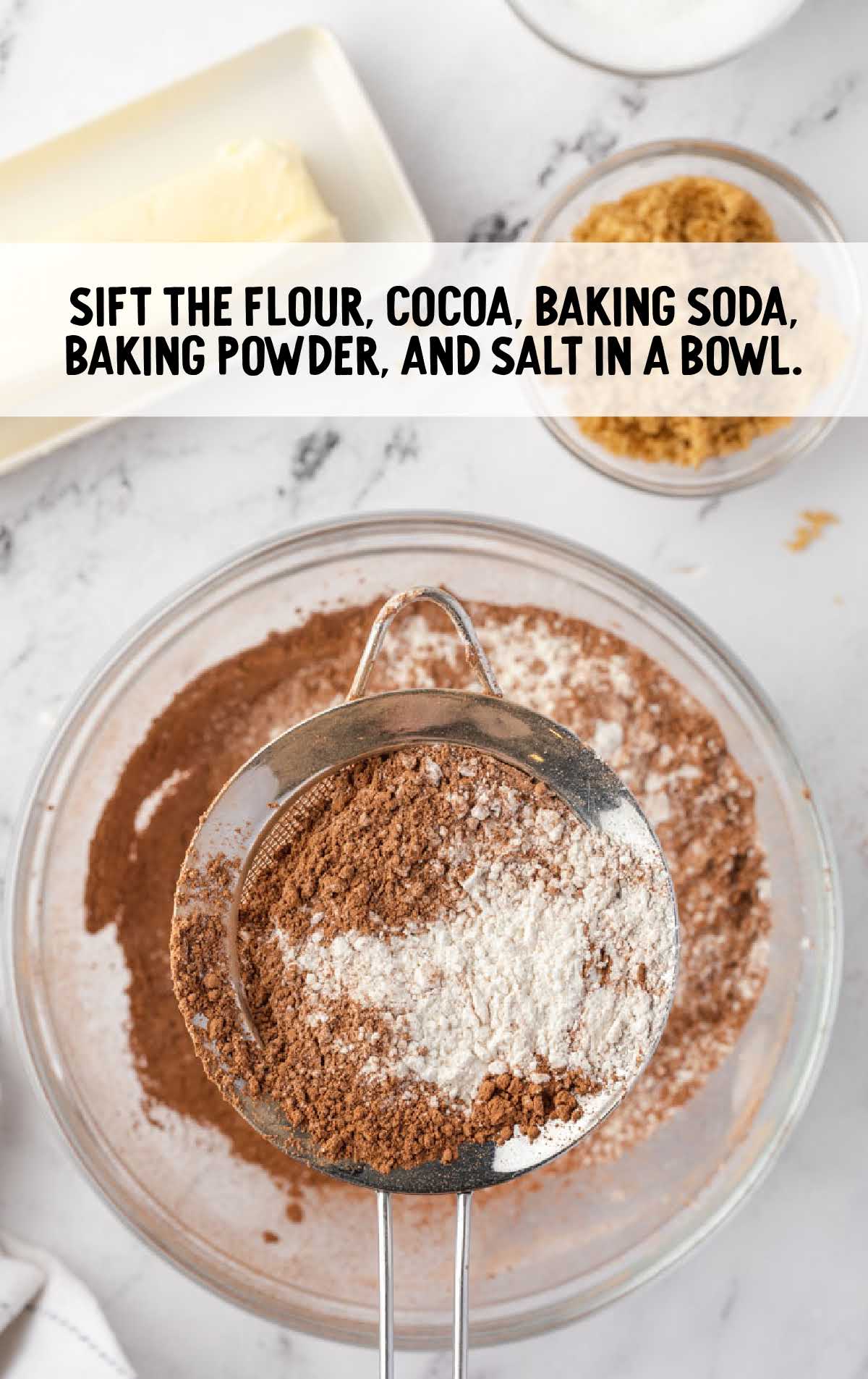 flour, cocoa, baking soda, baking powder, and salt combined in a bowl