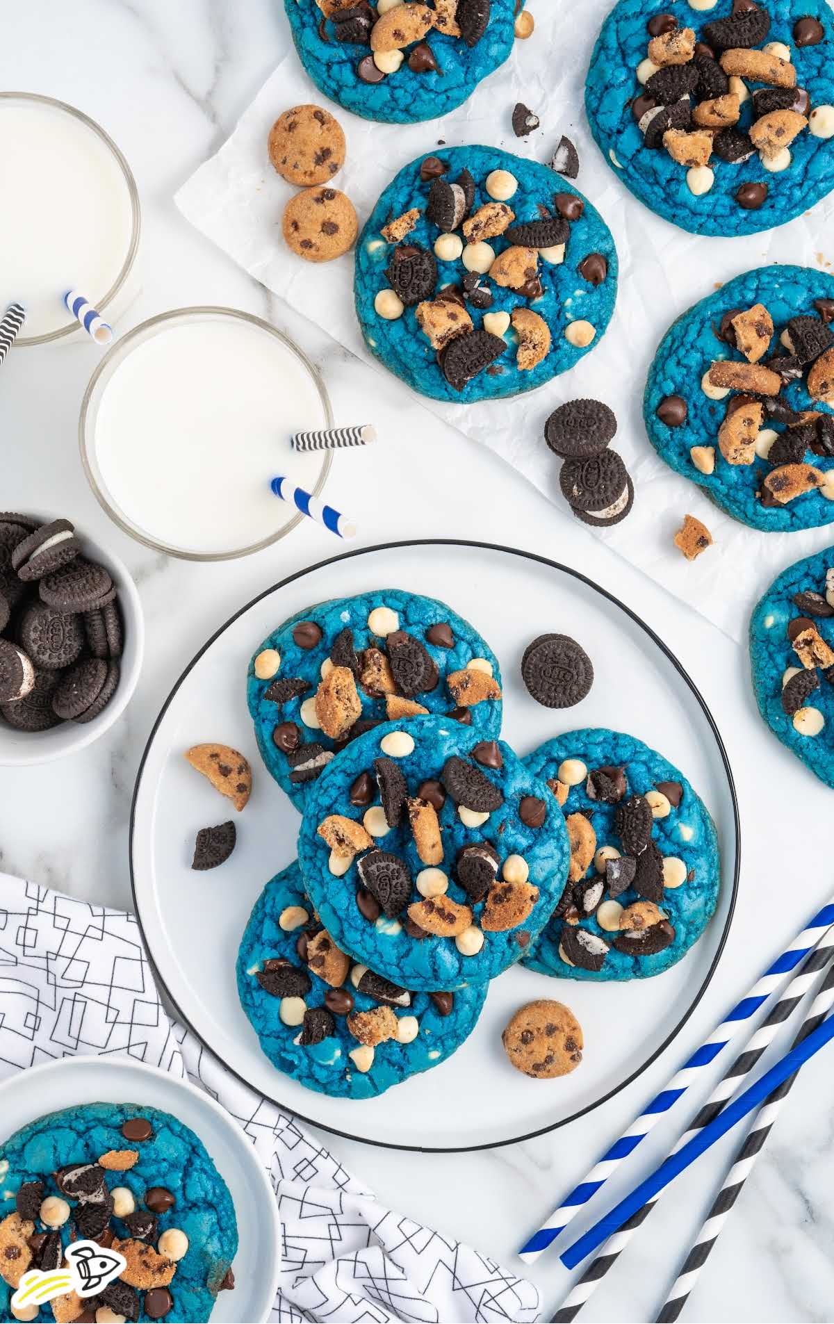 overhead shot of Cookie Monster Cookies on a plate
