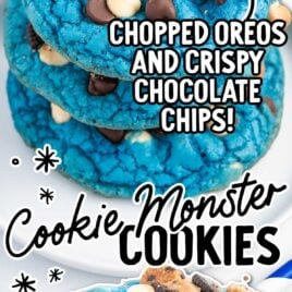 a close up shot of a Cookie Monster Cookie split in half on a plate and a close up shot of Cookies Monster Cookies stacked on top of each other