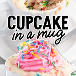 a close up shot of Cupcake in a Mug with a piece taken out and a close up shot of Cupcake in a Mug