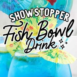 a close up shot of Fish Bowl Drink and a overhead shot of Fish Bowl Drink