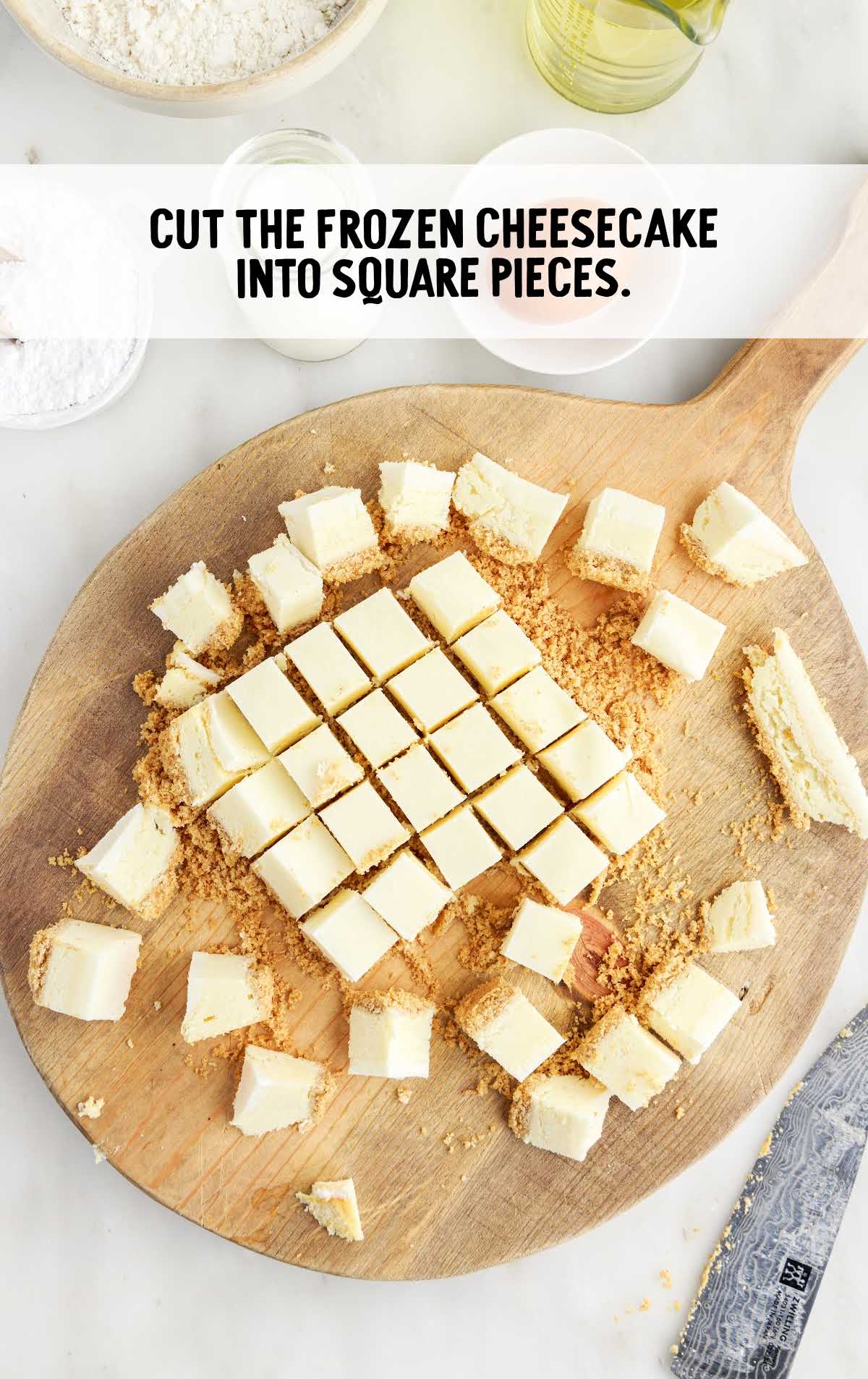 frozen cheesecake cut into squares