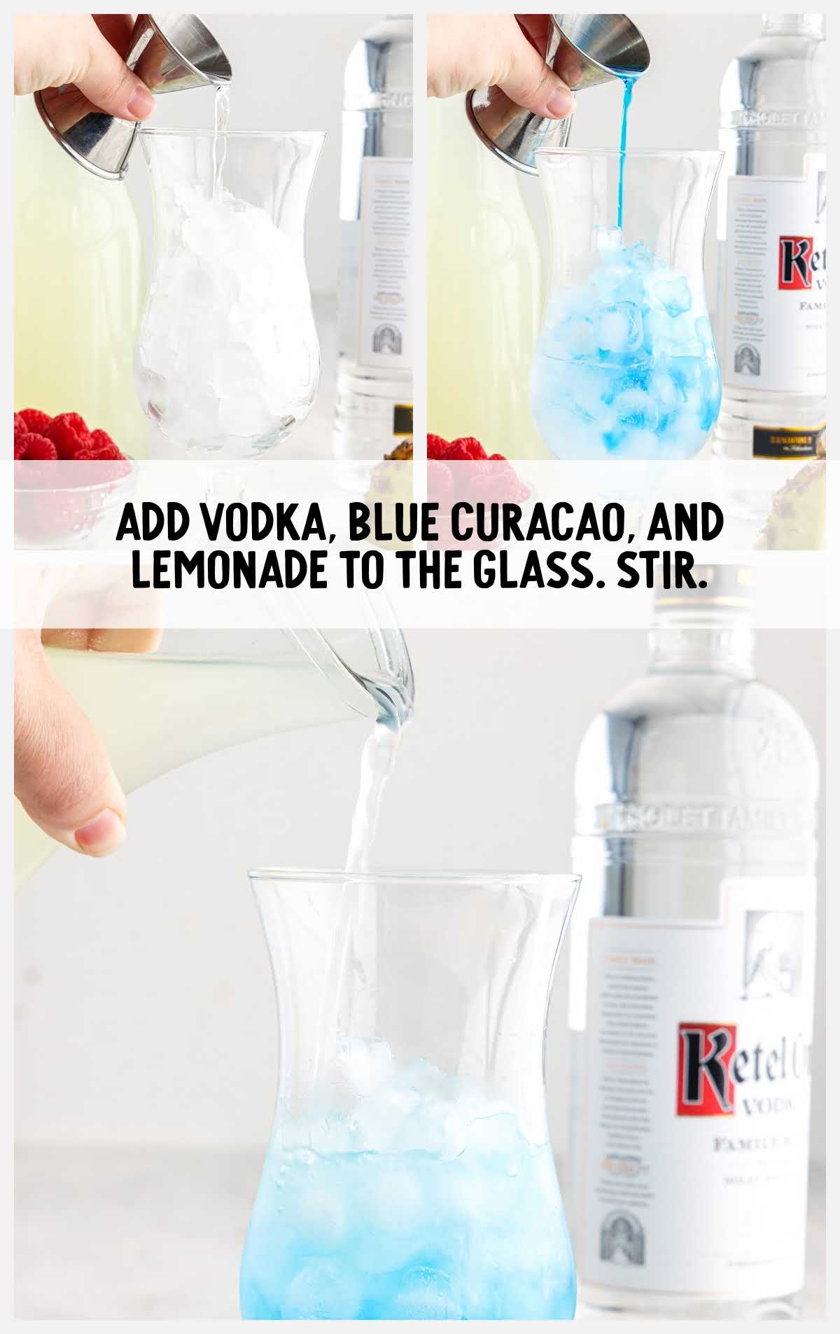 vodka, blue curacao and lemonade added to the tall glass and stirred