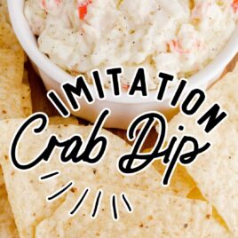 overhead shot of Crab Dip in a bowl with chips
