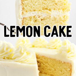 a close up shot of Lemon Cake with a slice taken out of it and a close up shot of a slice of Lemon Cake on a spatula
