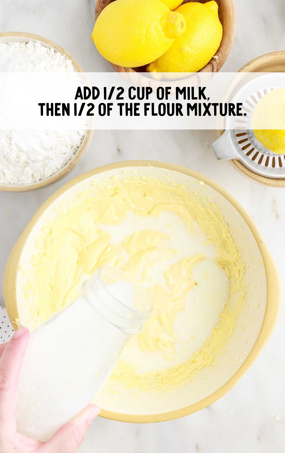 milk and flour mixture added to the lemon zest mixture