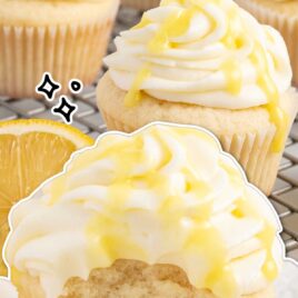 a close up shot of a Lemon Drizzle Cupcake with a bite take out of it and a close up shot of Lemon Drizzle Cupcakes on a cooling rack
