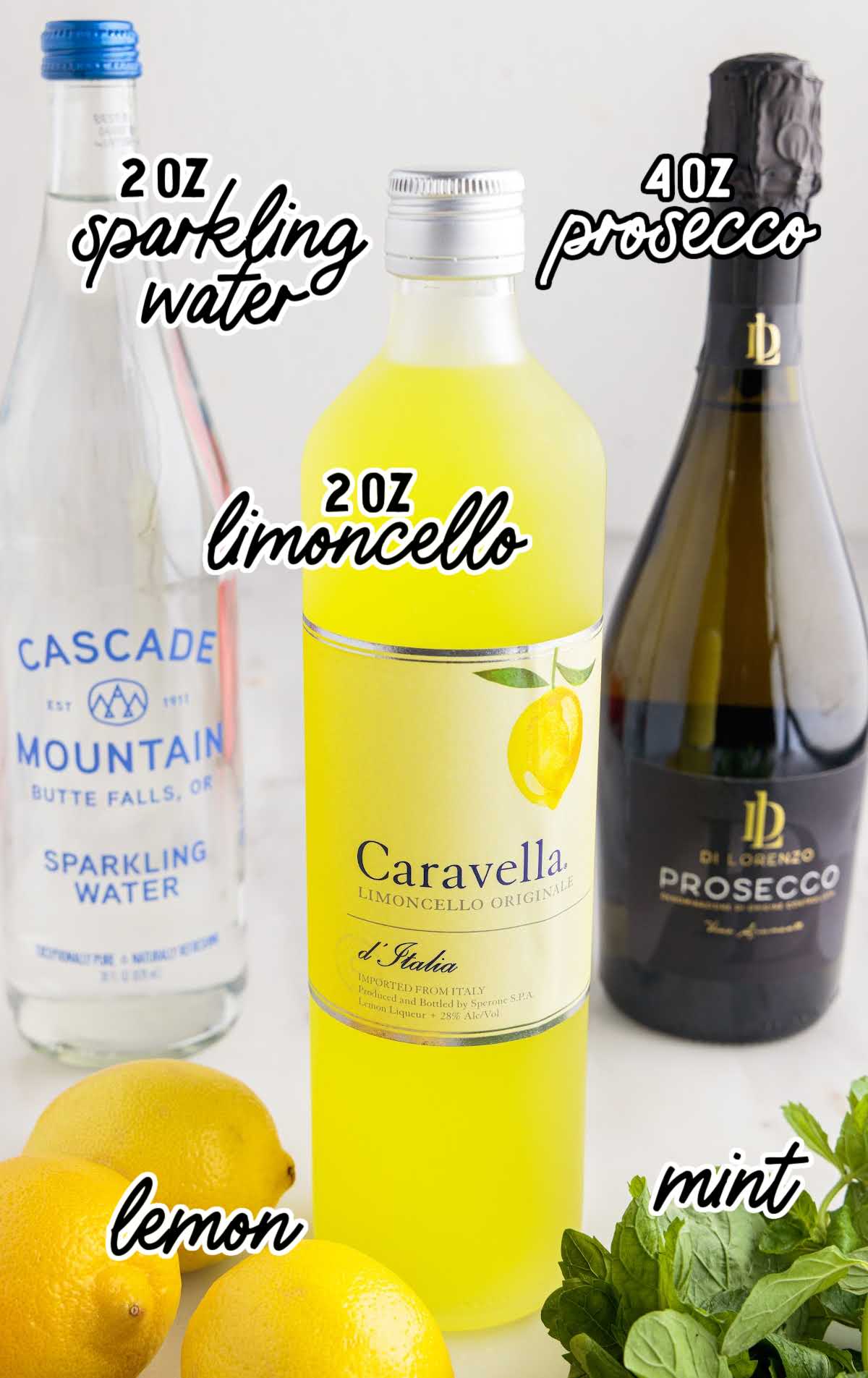 Limoncello Spritz raw ingredients that are labeled