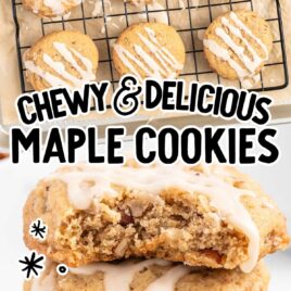 a close up shot of Maple Cookies stacked on top of each other with one having a bite taken out of it on a plate and a overhead shot of Maples Cookies on a cooling rack