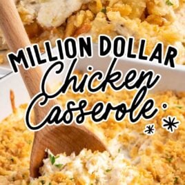 a close up shot of Million Dollar Chicken Casserole with a wooden spoon grabbing a piece and a close up shot of a piece of Million Dollar Chicken Casserole on a plate