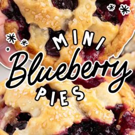 overhead shot of a Mini Blueberry Pie and a close up shot of a Mini Blueberry Pie with blueberry filling spilling out