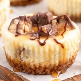 a close up shot of a Mini Snickers Cheesecake on a wooden board