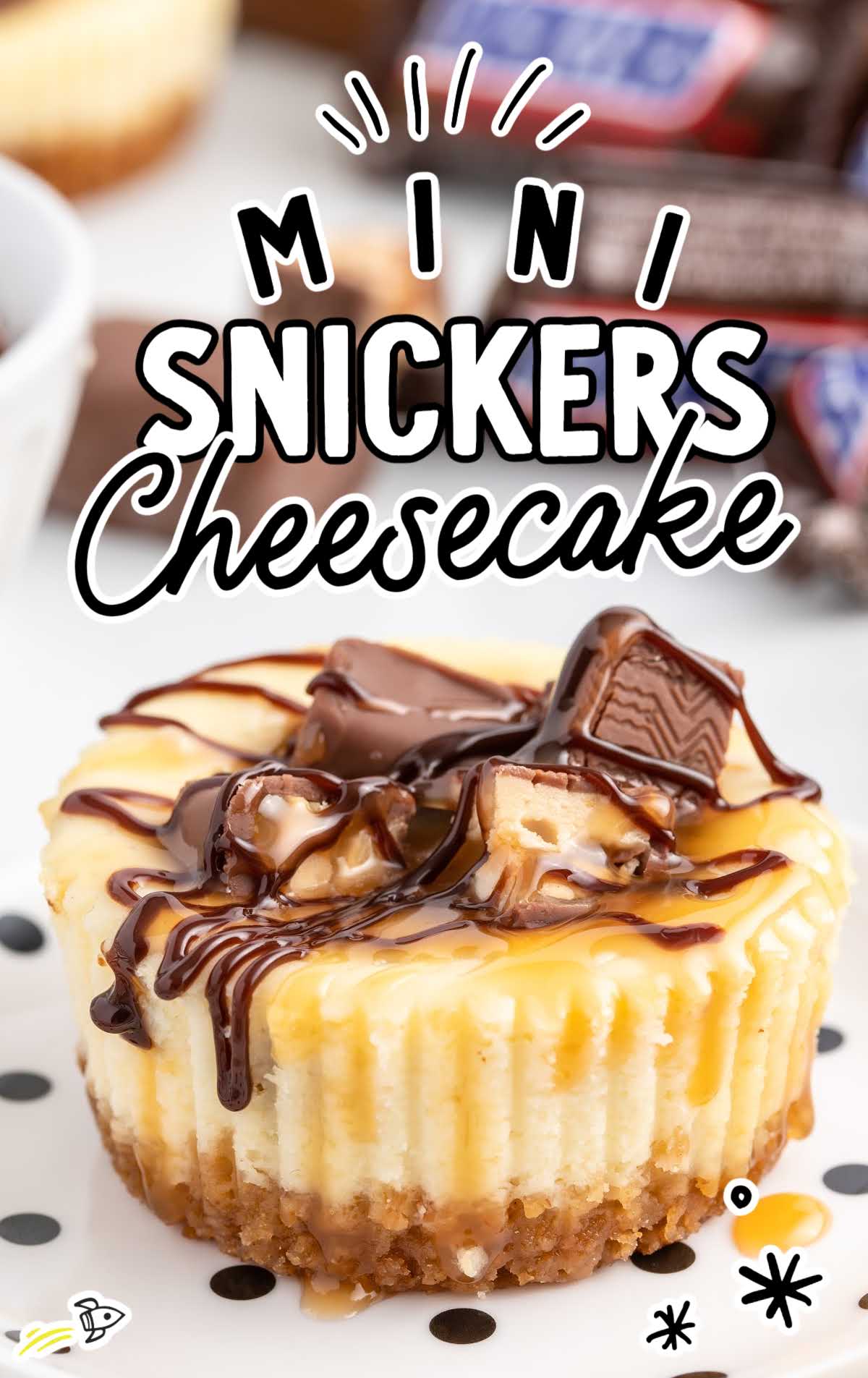 a close up shot of a Mini Snickers Cheesecake