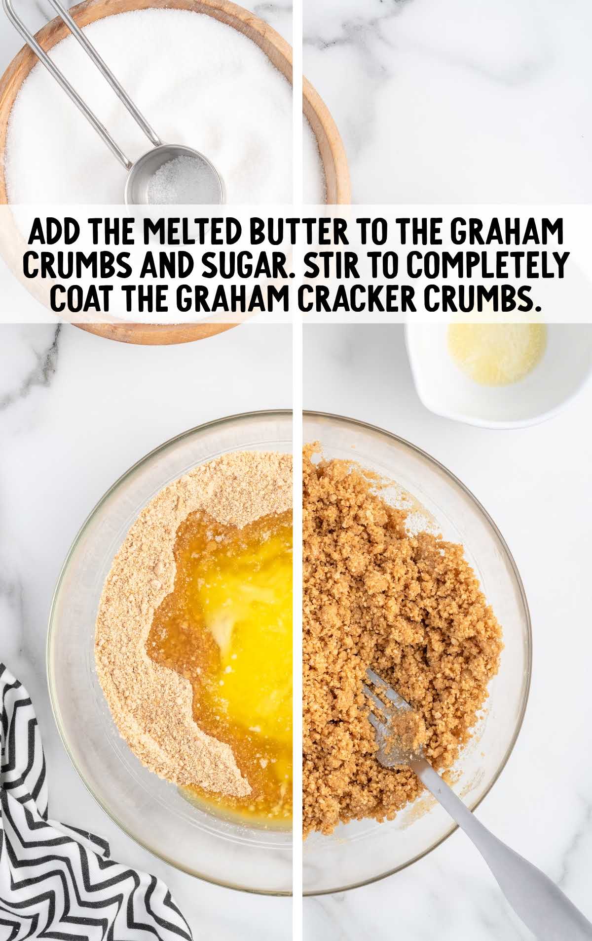 melted butter added to the graham crumbs and sugar
