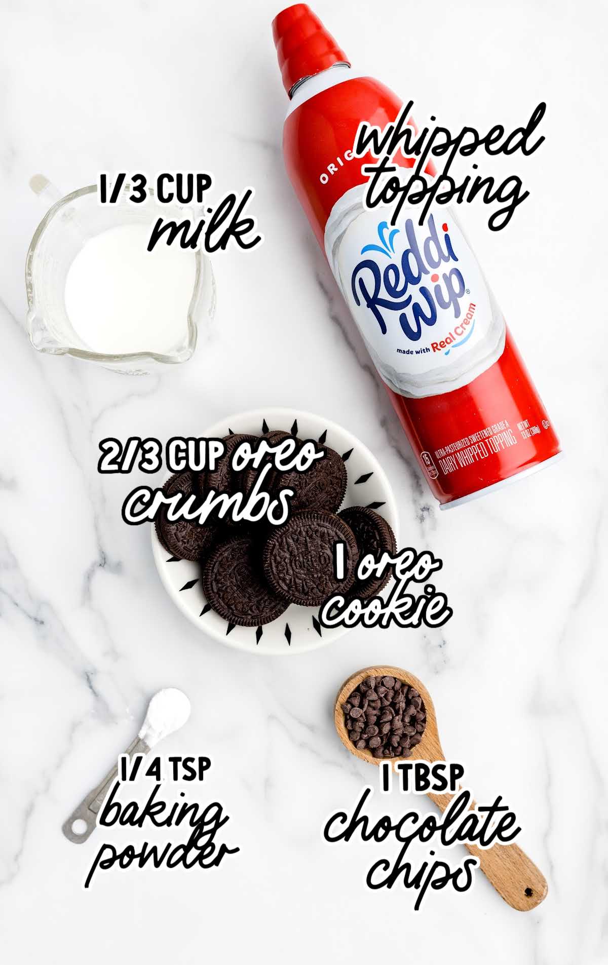 Oreo Cake in a Mug raw ingredients that are labeled