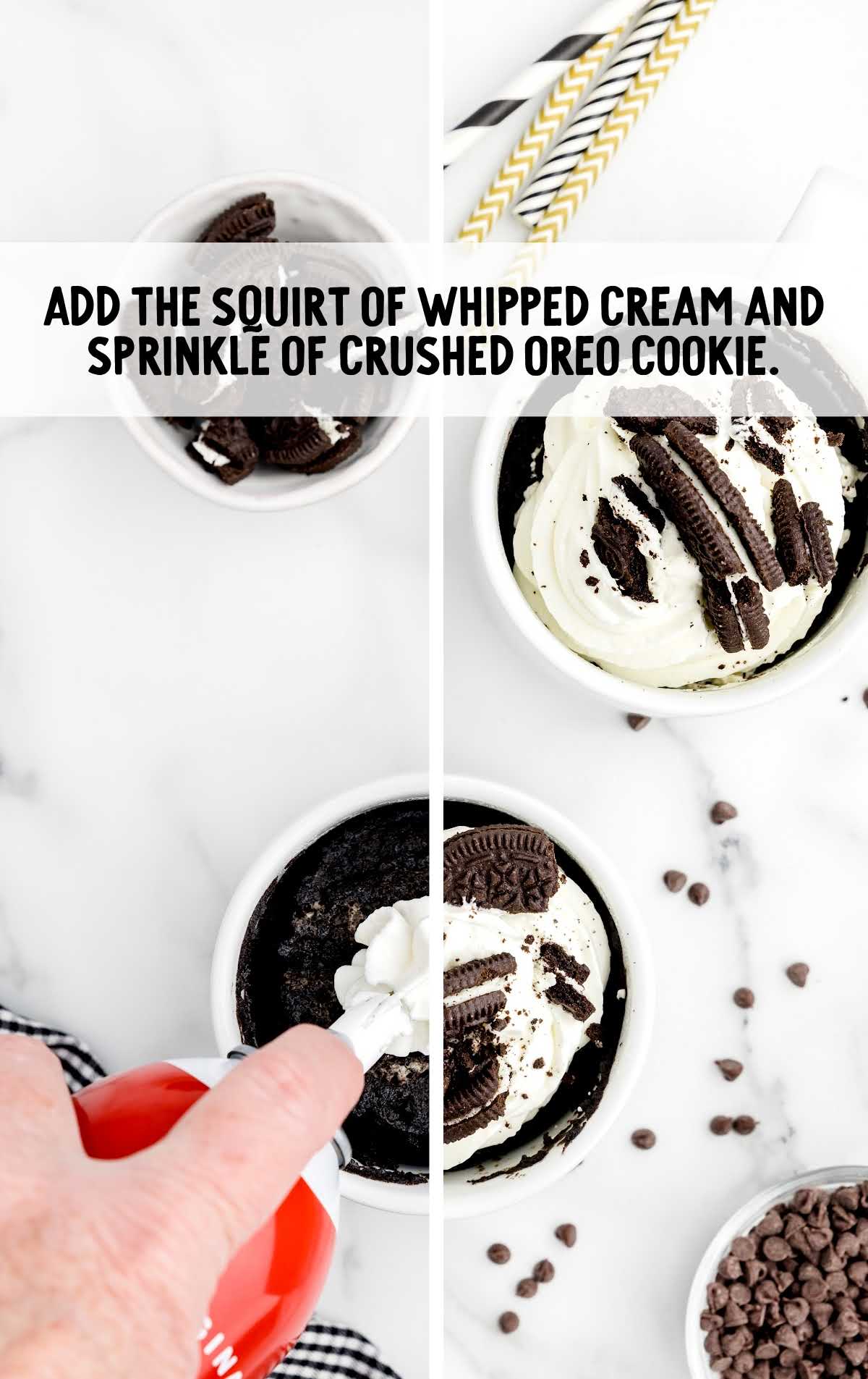whipped cream squirted and sprinkle oreo cookies