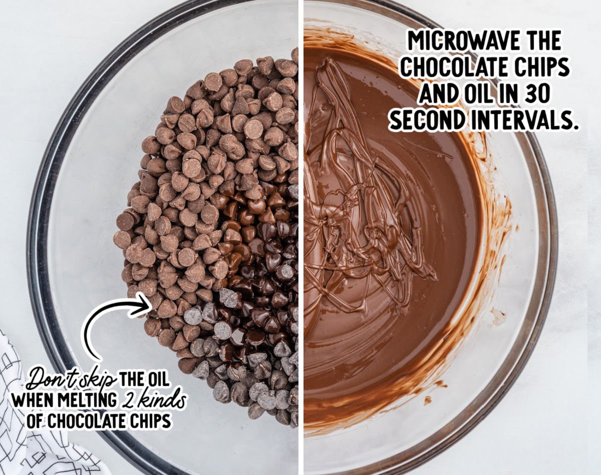 A large glass bowl filled with semi-sweet and milk chocolate chips with a drizzle of vegetable oil, shown before melting on the left. On the right, the same bowl displays the chocolate fully melted and smooth after microwaving in 30-second intervals.