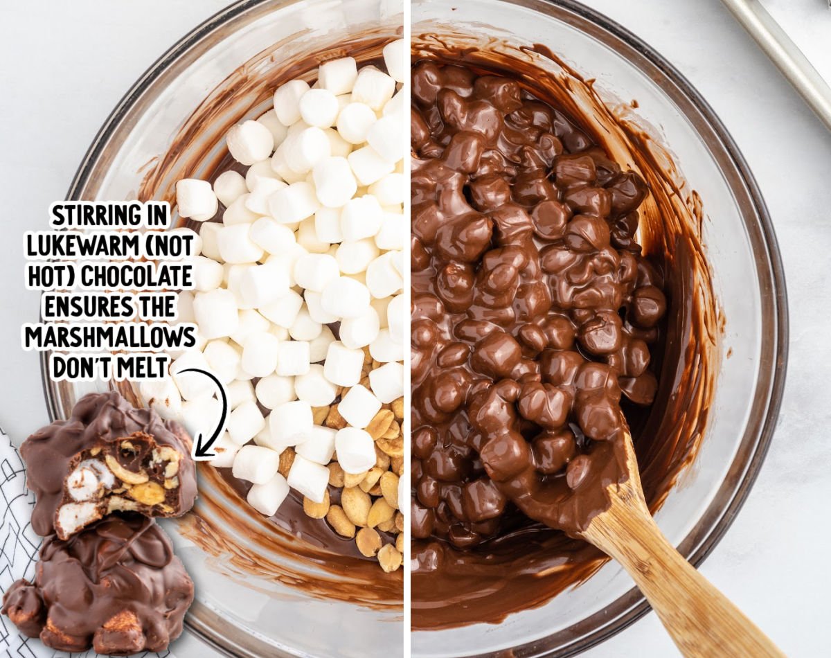 A glass bowl filled with mini marshmallows and peanuts is shown on the left before mixing, with lukewarm melted chocolate partially coating the ingredients. On the right, the mixture is fully stirred, showing glossy chocolate-coated marshmallows and peanuts being folded together with a wooden spatula