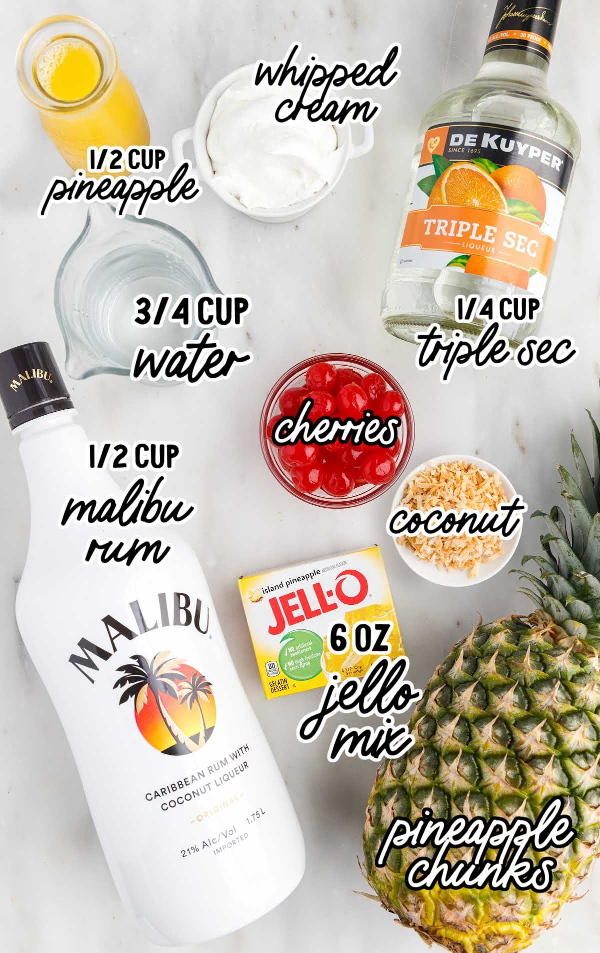 Pina Colada Jello Shots raw ingredients that are labeled