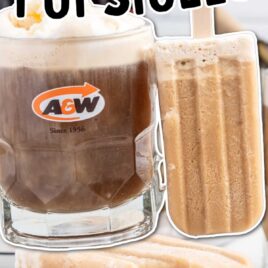 a close up shot of Root Beer Popsicles stacked on top of each other with one having a bite taken out of it and a close up shot of a glass of root beer float