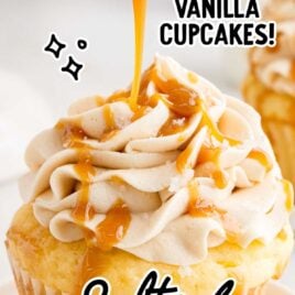 a close up shot of a Salted Caramel Cupcake being drizzled with caramel