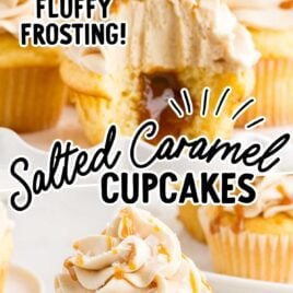 a close up shot of a Salted Caramel Cupcake on a plate and a close up shot of a Salted Caramel Cupcake with a spoon grabbing a piece