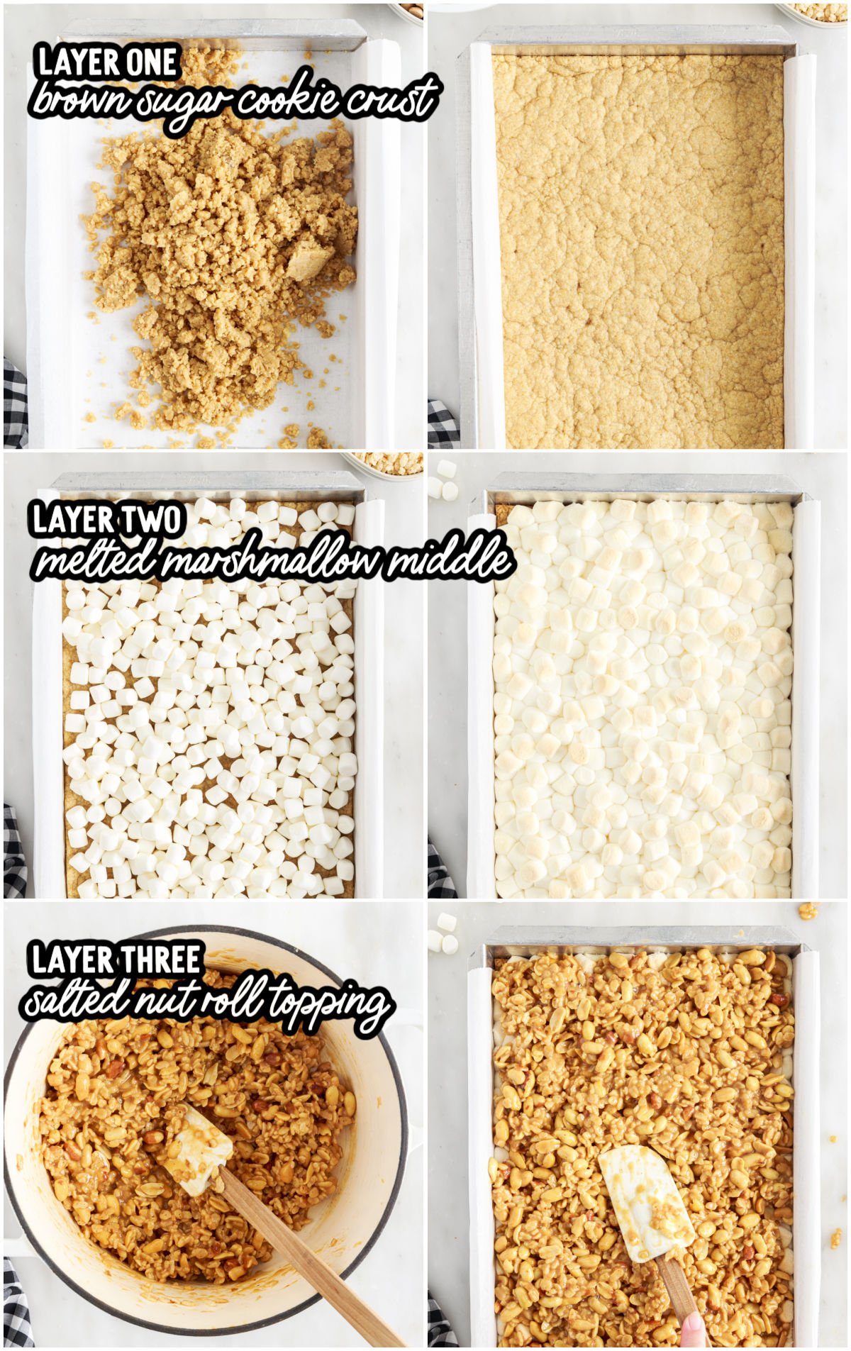 A step-by-step photo collage showing how to make Salted Nut Roll Bars. The first row shows the brown sugar cookie crust being pressed into a parchment-lined 9x13 pan and baked until set. The second row shows mini marshmallows spread over the warm crust and baked until melted and puffy. The third row shows the peanut-butter nougat topping being mixed in a pot with peanuts and Rice Krispies, then spread evenly over the melted marshmallow layer in the baking pan.