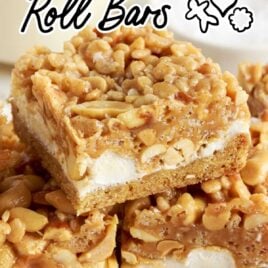 close up shot of Salted Nut Roll Bars and a close up shot of Salted Nut Roll Bars stacked on top of each other