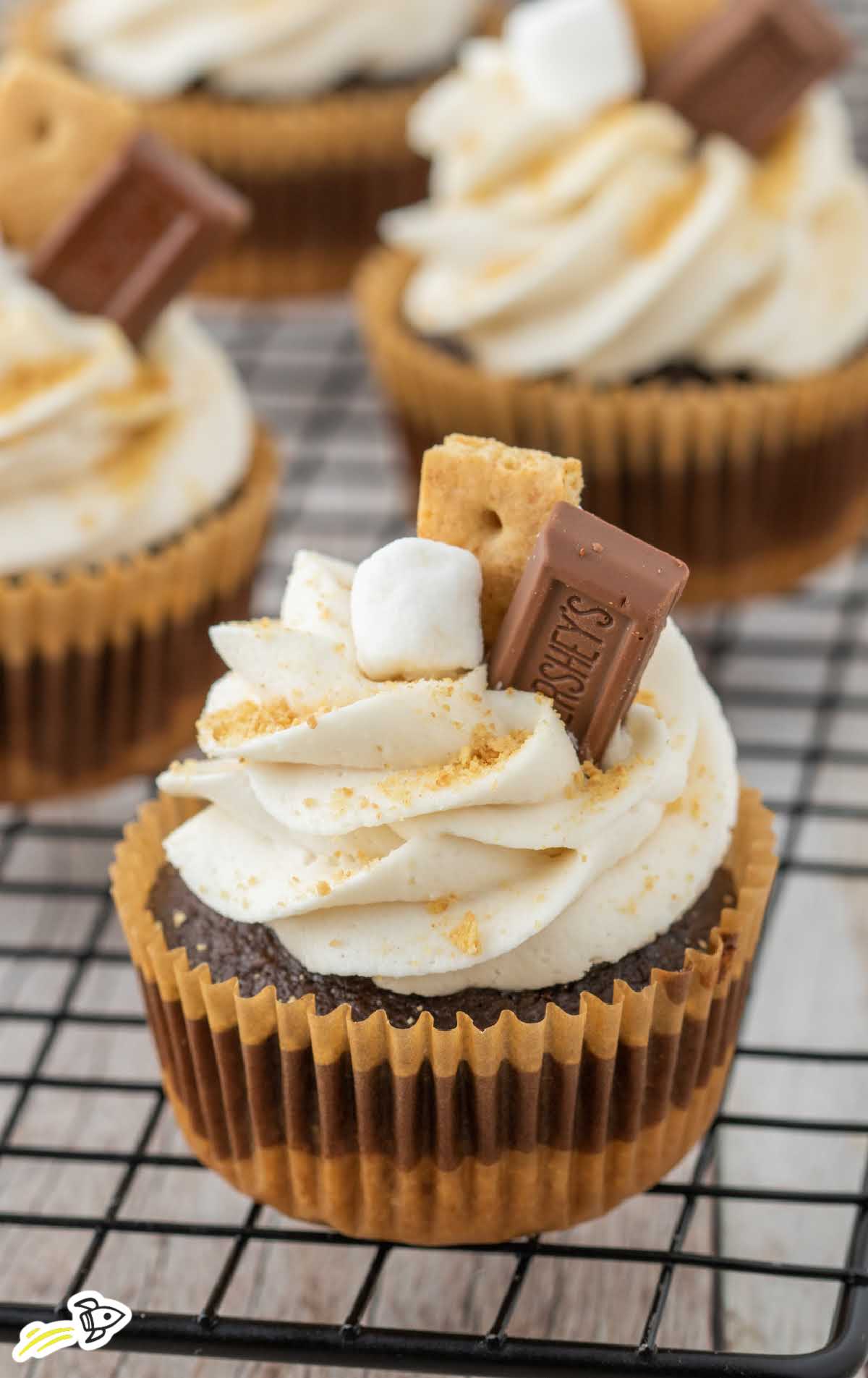 a close up shot of S’mores Cupcakes on a cooling rack