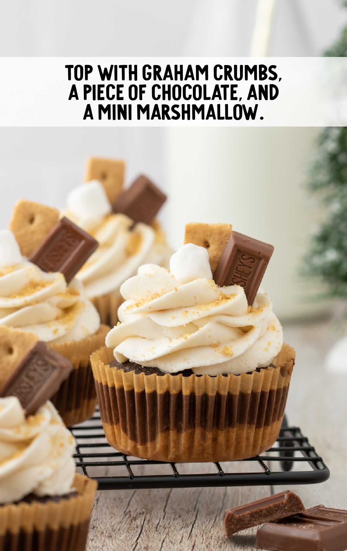 graham crumbs, chocolate, and mini marshmallow topped on top of the cupcake