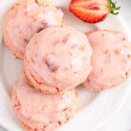 overhead shot of Strawberry Sheet Cake Cookies on a plate